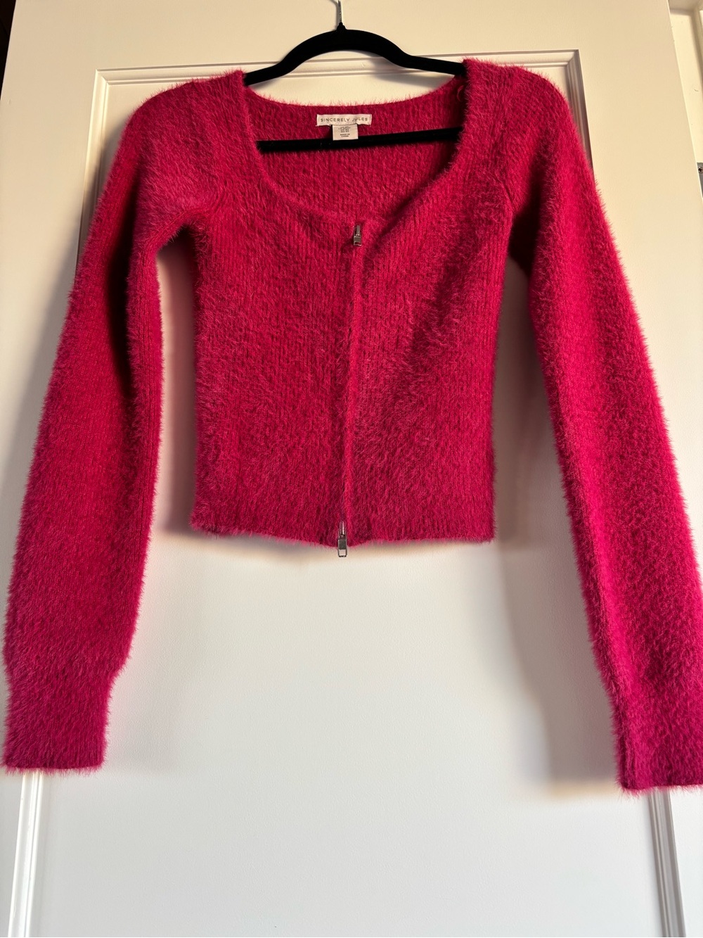 Sincerely Jules Fuzzy Zip-Front Crop Cardigan - Fuchsia